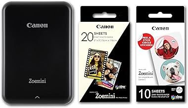 Canon Zoemini Instant Mini Photo Printer (Black) + pack of 20 sheets + pack of 10 circle stickers
