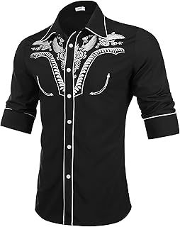 Sykooria Men's Shirts Long Sleeve Casual Vintage Floral Embroidery Button Down Western Shirts Regular Fit S-XXL