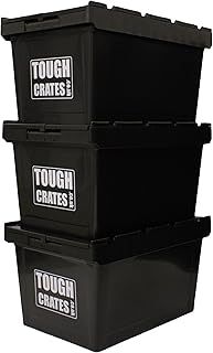 3 x Heavy Duty Plastic Storage Boxes Black With Attached Lids Stackable (60 Litre)