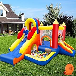 Bouncy Castle, Inflatable Bounce House with Two Slides, Trampoline, Arch Barrier, Ball Pit, Climbing Wall, Inflatable Slide with Blower for Kids Indoor Outdoor