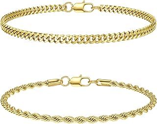 CASSIECA 2Pcs Bracelet for Men Stackable Chain Bracelet for Men Boys Mens Bracelets Stainless Steel 14K Gold Cuff Bangle Snake Cuban Link Chain Bracelets 19/21CM Gifts for Men Dad Husband Son