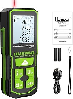 Laser Distance Meter 120M/393Ft, Huepar IP54 Laser Measure with 2 Bubble Levels, Portable Laser Rangefinder Digital Distance Meter with 4 Line LCD Display and Big Clear Backlight (Battery Included)