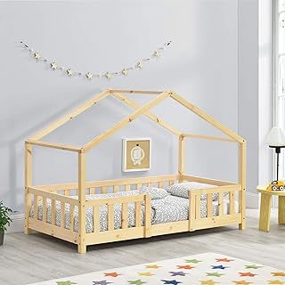 Children's bed Treviolo house bed 70 x 140 cm wooden bed for children with fall-out protection bed frame with slatted frame pine wood wood colours