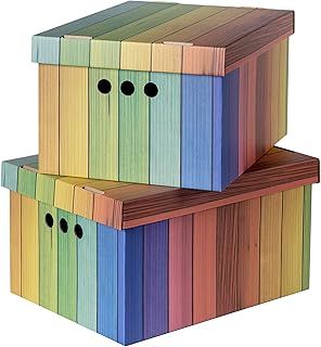 SOFTILLO Pack of 2 Decorative Storage Boxes With Lids Home Office Bedroom Wardrobe Box Organiser Archive Box with Lid Multi-Use General Storage Archive Box with Lid Stylish Set Large Rainbow