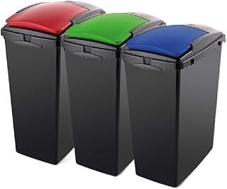 Addis Recycling 40 Litre Set of 3 Waste Utility Plastic Bins Interlocking Clips, Lift, Red & Green, Black Colour Coded Lids Blue, Red, Green, 3 x 40