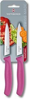 Victorinox Swiss Classic Paring Knife Set, 2 pcs., Extra Sharp, Pointed Tip, Serrated, Swiss Made, Stainless Steel, Pink