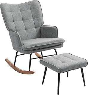 HOMCOM Rocking Chair and Ottoman Set, Fabric Armchair with Footstool, Wingback Chair for Living Room and Bedroom, Grey