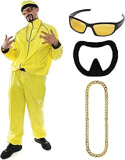 90s Celebrity Costume - Adults Yellow & Black Shell Suit + Matching Hat + Sunglasses + Gold Chain + Black Goatee - Funny Rapper Halloween Stag Do Fancy Dress Costume (Size: Medium)