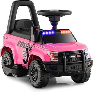 Kids Ride on Police Car, 6V Battery Powered Toy Car with Side Megaphone, Warning Light, USB/TF & Siren Sound, Children Electric Vehicle for Boys Girls (Pink)