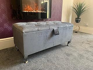 Ottoman Storage Box - Engineered Wood Fabric Buttons Luxurious Plush Velvet Ottoman Storage Bench, Perfectly Designed Ottoman for Bedroom Storage (Grey Plush, Legs)