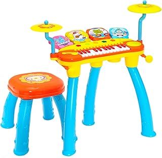 Kids Piano and Drum Set, Children Electronic Keyboard Drum Kit with Microphone, MP3 Interface, LED Lights, Stool & Drum Sticks, Musical Instrument for Boys Girls (Blue)
