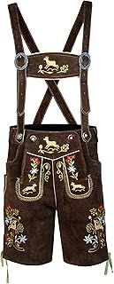 Men's Lederhosen Real Suede Leather with Matching Suspenders Shorts (UK 32 inch/EU 48, Brown with MultiColor Embroidery)