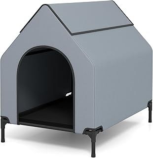 Maxmass Large Dog House, Elevated Dog Bed with Weatherproof Canopy, Ventilated Windows & Mesh Fabric Mat, Outdoor Indoor Pet House for Medium Large Dogs (Grey, L: 110x75x106cm)