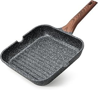 Nonstick Grilling Pan for Stove Tops, 24cm Square Grill Pan for Indoor Cooking, Granite Coating Grill Skillet with Pour Spouts, Versatile Griddle, Induction Steak Pan, PFOA Free