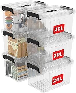 Cetomo 20L*6 Storage Boxes, Carry Plastic Storage Box with Lids, Organizing Container with Handle and Secure Latching Buckles, Stackable, Nestable, Tote Bin for Home Office Clothes, 20L-6Pack, Clear