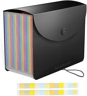 File Organiser 24 Pockets Document Organiser Expanding Accordion Filing Folders for Paperwork A4 Size with Lid and Colour Labels Rainbow Document Box for Paper and File Storage (24 Pockets)