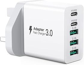 USB Plug, 4-Port Wall Fast Charger, UK Power Adapter with 33W Intelligent QC3.0, Multiple USBA Charging compatible with iPhone 16 15 14 13 12 Pro Max XS XR SE,Samsung, iPad