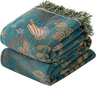HOORDRY Cotton Bed Throw with Tassels,Double-sided Bohemian throws for sofas,150x200CM(60×80In) Woven Warm Blanket for single Sofa, Bedspread and Settee Couch Travel,Green/White