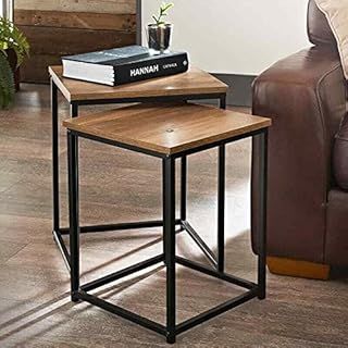 Square nest of 2 tables black metal frame with solid Oak wooden effect side end modern nesting small bedside table living room furniture