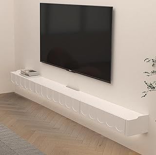 Pmnianhua Floating TV Stand in Solid Wood, High Gloss Wall Mounted TV Cabinet, Floating Shelves with Door & Drawers, Modern Entertainment Media Console Center Large Storage TV Bench (165cm, White)