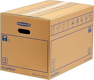 10 BANKERS BOX Large Strong Moving Boxes, 67L SmoothMove Cardboard Boxes, Heavy Duty Double Wall Boxes for Moving House with Handles, 35 x 35 x 55 cm (Pack of 10), Brown