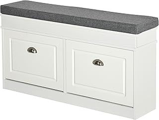 HOMCOM Shoe Storage Bench with Flip Drawers, Shoe Cabinet with Seat Cushion and Adjustable Shelf for Hallway, Entryway, Living Room, Bedroom, White