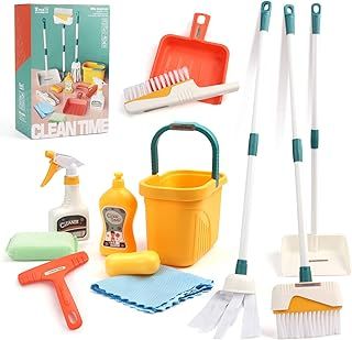 Coolplay Kids Cleaning Set for Toddlers Pretend Play Broom Set, 12pcs Mop and Cleaning Toys Set Pretend Playset Detachable Broom Mop Dustpan