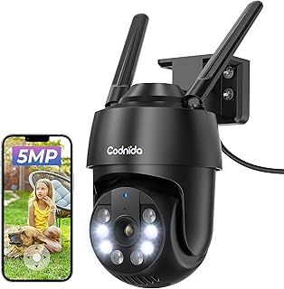 5MP Security WiFi Outdoor Camera with 2.4/5Ghz, 360° Pan/Tilt CCTV House Security Camera with Auto Tracking, PIR Human Detection, Color Night Vision, 24/7 Recording, IP66, Works with Alexa
