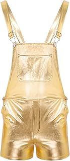 Mens Metallic Dungaree Shiny Bib Overalls Suspender Straps Shorts for Nightclub Party Costume Clubwear
