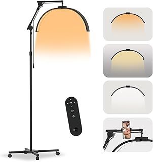 Lash Light for Eyelash Tech, Half Moon Lamp for Eyelash Extensions with Wheels & Phone Holder, Foldable LED Floor Lamp Esthetician Light for Tattoo, Nails, Skincare, Beauty- Black