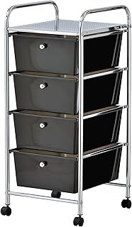 VonHaus Storage Trolley, 4 Drawer Black Wheeled Makeup Trolley, Durable Storage with Plastic Drawers, Chrome Frame & 360° Wheels, Versatile Organiser for Bedroom, Bathroom, Home Office