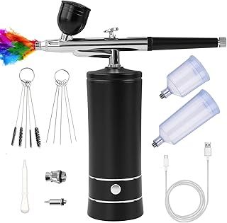 Airbrush Kit with Compressor, Rechargeable Cordless Non-Clogging High-Pressure Air Brush Set with 0.3mm Nozzle and Cleaning Brush Set for Nail Art, Makeup, Painting, Cake Decor (Black)