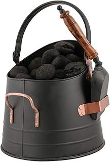 Black & Copper Coal Scuttle Bucket Indoor Fireside Fuel Store with Shovel