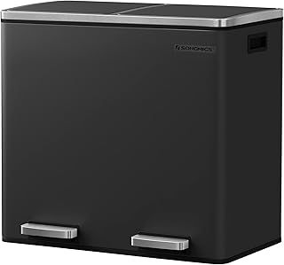 SONGMICS Recycling Bin, Double Trash Can, 2 x 24L, with 2 Compartments, Soft-Close Lids, Pedals, Plastic Inner Buckets and Carry Handles, Black LTB48BK
