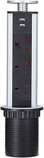 Kitchen Pull Pop Up Sockets for Worktop Desktop with 3 Power Sockets Plug 2 USB Ports - Chrome Effect