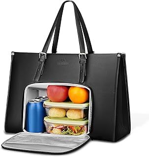 MATEIN Laptop Bags for Women with Insulated Leakproof Lunch Compartment, 15.6 Inch PU Leather Briefcase, Laptop Tote Work Bag with an Adjustable Handle, Designer handbag for School, Office, Black
