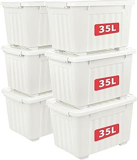 35L*6 Plastic Storage Box,White, Tote box,Organizing Container with Durable Lid and Secure Latching Buckles, Stackable and Nestable, 6Pack, with Buckle