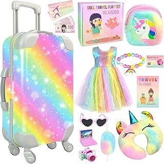 19Pcs 18 inch Girl Doll Accessories Case Luggage Travel Play Set with Doll Clothes Camera Travel Pillow Bag Dress Glasses Doll Stuff Fit 18 inch Doll Christmas Birthday Gift