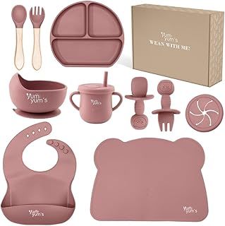 Yum Yum's Baby 10 Pcs Pink Weaning Set - Complete Toddler Feeding Kit w/Sectioned Plate, Suction Bowls, Cutlery with Mouth Guard, Straw Cup, Bib & Mat - Non-Slip - for Toddlers & Baby Gift