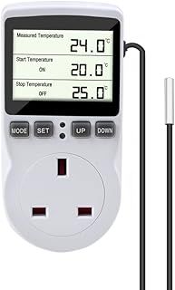 Gobesty Digital Temperature Controller, Thermostat Outlet Socket, 230 V Digital Thermostat Outlet Plug with Temp Sensor, Temperature Switch Heating Cooling Timer for Greenhouse Farm Aquarium Reptile