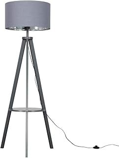 MiniSun Modern Grey Wood Tripod Design Floor Lamp with Storage Shelf & Grey/Chrome Drum Shade - Complete with a 6w LED Bulb [3000K Warm White]