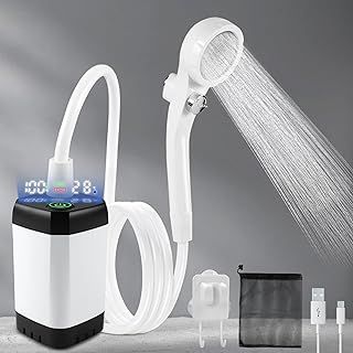 LIBERRWAY Camping Shower, Portable Shower for 90-140mins Outdoor Shower, Power Level/Watertemperature Viewable Dog Shower with Waterpressure Adjustable Shower Head IP67 Water Pump 6.5ft Hose
