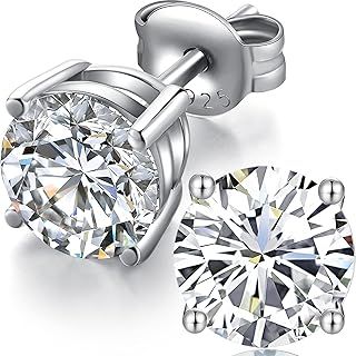 White Gold Plated Sparkling CZ Diamond Stud Earrings 925 Sterling Silver Cubic Zirconia Stud Earrings Hypoallergenic Simulated Diamond Swarovski Stud Earrings for Women/Men 4MM-8MM