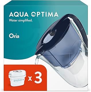 Aqua Optima Oria Water Filter Jug & 3 x 30 Day Evolve+ Filter Cartridge, 2.8 Litre Capacity, for Reduction of Microplastics, Chlorine, Limescale and Impurities, Blue