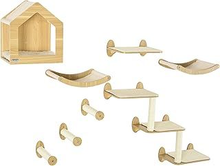 PawHut 8 Piece Cat Shelves Set, Cat Wall Furniture with Condo, 3 Perches, 3 Scratching Posts, Steps, Wall Mounted Cat Tree for Indoor Cats, Beige