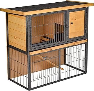 PawHut Wood-metal Rabbit Hutch Guinea Pig Hutch Elevated Pet House Bunny Cage with Slide-Out Tray Openable Roof Outdoor 89.5 x 45 x 81cm Light Yellow