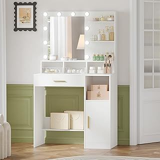 Dressing Table with Mirror and 10 LED Lights,Vanity Table, Makeup Vanity with 3 Shelves & 4 Open Compartments, Large Drawer & Cabinet, Adjustable Lighting Brightness, White VT08103XUK