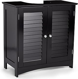 VonHaus Under Sink Bathroom Cabinet – Black Under Sink Storage for Bathroom - Freestanding Under Basin Cabinet with 2 Internal Shelves & Shutter Style Doors – Under Sink Cupboard – Shrewsbury