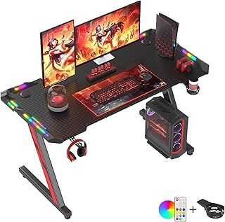 Gaming Desk with LED Lights, 120 x 60cm RGB Gaming Table Z Shape, Large Computer Desk with Headphone Hook and Cup Holder, Gamer Table for Home Office, Black