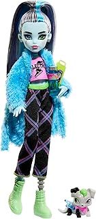 Monster High Doll and Sleepover Accessories, Frankie Stein Doll with Pet Dog Watzie, Creepover Party, HKY68